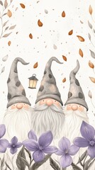 Whimsical gnome  with lanterns and purple violets
