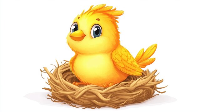 cute bird laying eggs in a nest, cartoon illustration