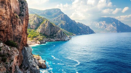 Fototapeta premium Turquoise sea and majestic mountains near Antalya, Turkey, creating a stunning coastal landscape. Perfect for travel, adventure, and nature exploration.