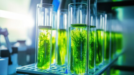 A biotechnologist designing AI driven systems for sustainable algae biofuel production, high-tech lab with live algae growth data, High-tech style