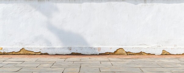 A weathered white wall with visible peeling paint and a textured base along a stone pathway under soft lighting.