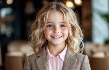 Obraz premium A young girl with long, blonde hair and bright blue eyes smiles softly, wearing a stylish plaid blazer. Her expression and attire create a charming, timeless look against a blurred background.