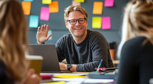 a cheerful person in a collaborative, colorful setting with the team suits campaigns on innovation and teamwork.