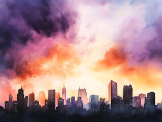 Fototapeta premium Vibrant watercolor cityscape at dusk with dramatic clouds and glowing sky, evoking sense of awe and serenity