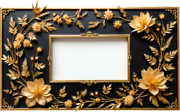 Golden Floral Frame, Black Background, Transparent Background, Ornate.