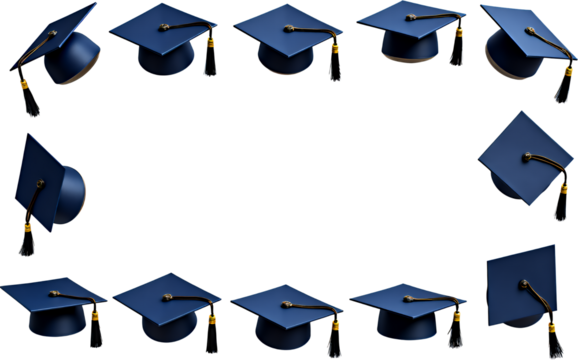 Graduation Caps Border Frame, Navy Blue, Transparent Background