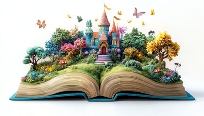 open book with whimsical fairy tale scenes, surrounded by a border, white background, enchanting and magical illustrations, highresolution 8K render