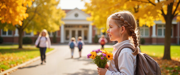 Smiling girl holding flowers against autumn school backdrop