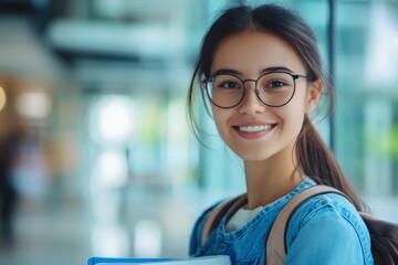Fototapeta premium Young student smiles brightly while holding notebooks in a modern academic environment