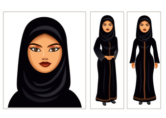 Illustration of a woman wearing a black hijab and abaya, featuring a close-up portrait and full-body depictions in different poses, highlighting traditional Islamic attire with modest fashion 