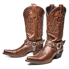 Pair of Brown Leather Cowboy Boots with Silver Conchos