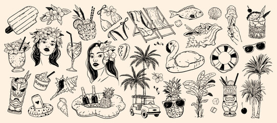 Tropical Hawaii summer exotic doodle set, vector hand drawn beach rest party cocktail illustration. Ocean paradise vacation kit, female portrait, fresh fruit beverages clipart. Tropical summer icon © Oleksandra