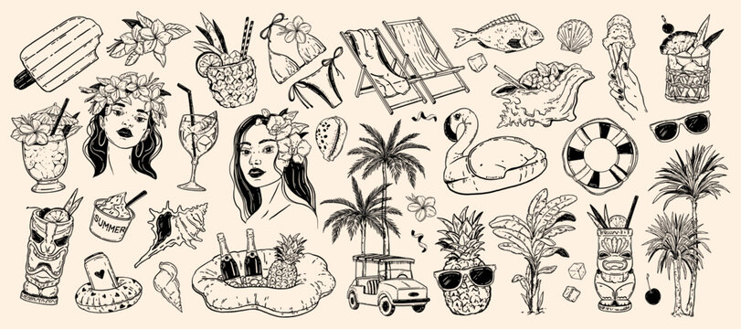 Tropical Hawaii summer exotic doodle set, vector hand drawn beach rest party cocktail illustration. Ocean paradise vacation kit, female portrait, fresh fruit beverages clipart. Tropical summer icon