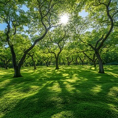 Obraz premium Sunny Park Trees Lush Green Grass