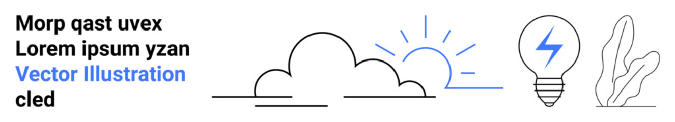 Light bulb with blue lightning, rising sun behind clouds, abstract plant. Ideal for creativity, eco-thinking, innovation, sustainability, energy conservation, inspiration simple landing page