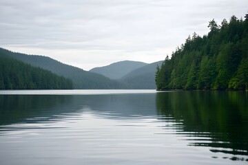 Serene lake reflects forested hills beneath a cloudy sky
