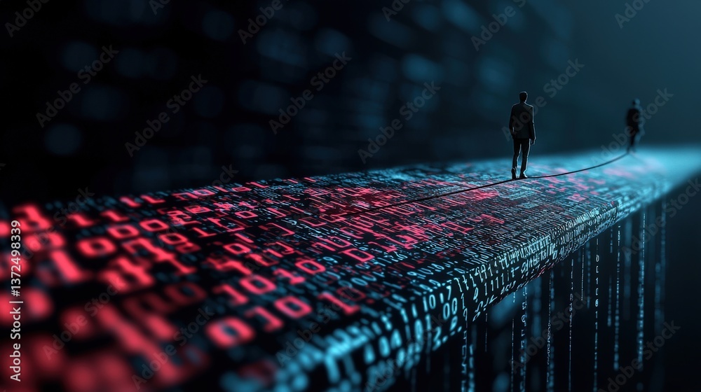 Wall mural businessperson walking tightrope over binary code abyss, depicting data security risk.