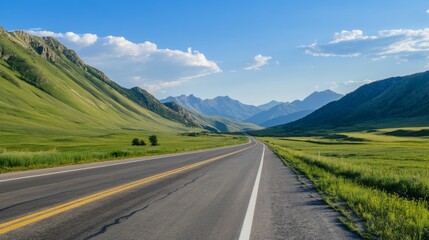 Naklejka premium Endless grasslands with a winding road stretching into the horizon, creating a peaceful and scenic landscape. Perfect for travel, adventure, and nature exploration concepts.