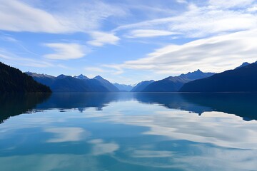 Serene lake reflects mountain range under a bright sky