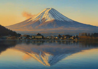 Fototapeta premium Mount Fuji at Sunset with Lake Reflection – Digital Landscape Illustration of Japan