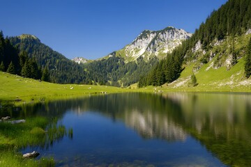 Fototapeta premium Serene lake reflects mountains under clear sky