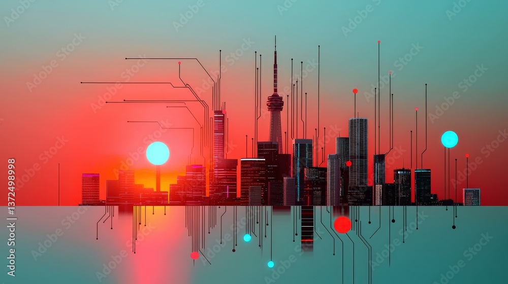 Poster city skyline merging with computer circuit patterns.