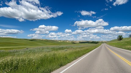 Fototapeta premium Endless grasslands with a winding road stretching into the horizon, creating a peaceful and scenic landscape. Perfect for travel, adventure, and nature exploration concepts.