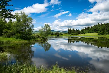 Fototapeta premium Serene lake reflects sky and trees. Grassy foreground, forested background