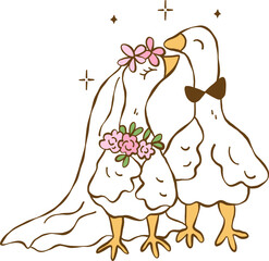 Hand drawn wedding cute silly goose, Bride and groom duck vector, Silly Bride Goose, Cute duck couple