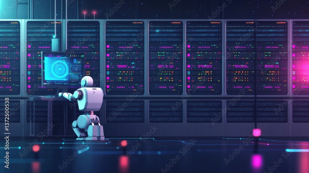 Poster data engineer fixing a massive digital server with a robotic assistant.