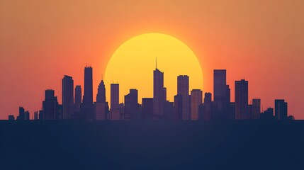 Obraz premium Sunset Behind Modern City Skyline in Silhouette Style