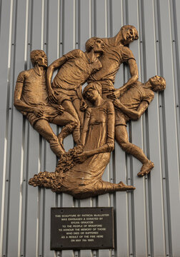 Dramatic sculpture by Patricia McAllister is displayed at the Valley Parade football stadium of Bradford City to commemorate the victims of the 1985 fire tragedy there