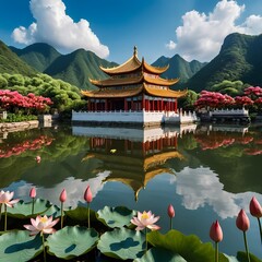 Serene Chinese Pavilion Reflected in Lotus Pond