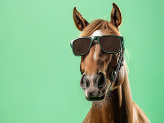Horse wearing sunglasses: funny animal portrait with green background and equine humor vibe