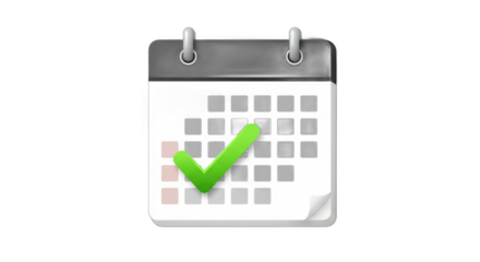Calendar icon with green checkmark signifying schedule confirmation, planning