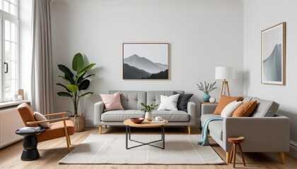 The mood board for a minimalist, Scandinavian inspired living room redesign should include a color palette of neutral tones such as whites, greys, and soft pastels