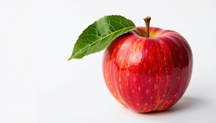 A vibrant red apple sits emersed in a single green leaf against a crisp white background, embodying nature's simplicity and allure.