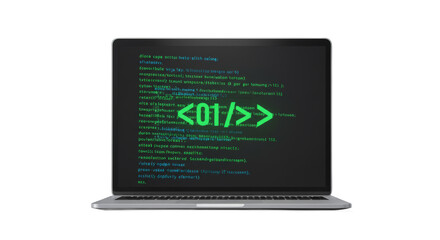 Laptop screen displays code, representing software development with binary data