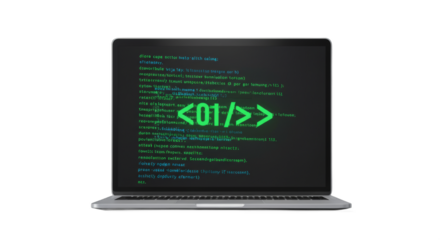 Laptop screen displays code, representing software development with binary data