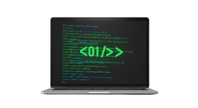 Laptop screen displays code, representing software development with binary data