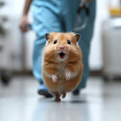 Cute hamster running with adorable whiskers, furry and fluffy pet in a playful moment