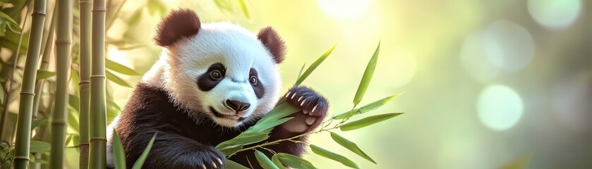 Obraz premium Adorable panda enjoys a fresh bamboo meal in lush greenery, wildlife portrait