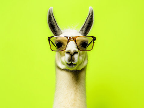 Llama wearing glasses in vibrant green background, a quirky animal portrait with bright fashion flair
