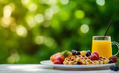 Delicious breakfast with juice, waffles, orange, and fresh fruit berries on a brunch plate.