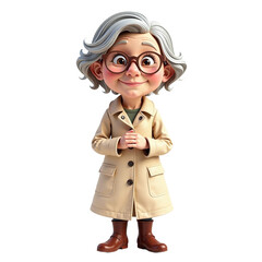 Adorable cartoon illustration of a happy senior woman in a beige coat and brown boots.