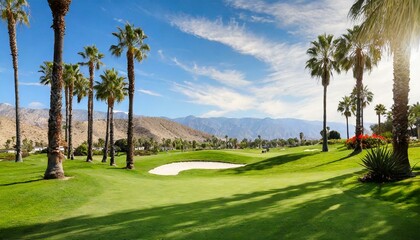 Obraz premium golf course with palm trees and sea, California Green garden trees , nature wallpaper
