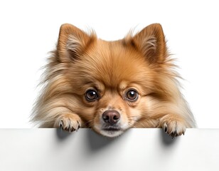 Obraz premium Pomeranian Puppy Peeking Over White Sign