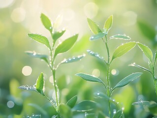 Fresh Green Leaves Sparkling with Morning Dew in a Natural Setting