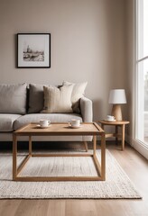 Cozy Living Room Interior with Wooden Coffee Table and Neutral Tones