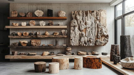 Unique wooden artifacts modern gallery photography indoor close-up nature inspiration